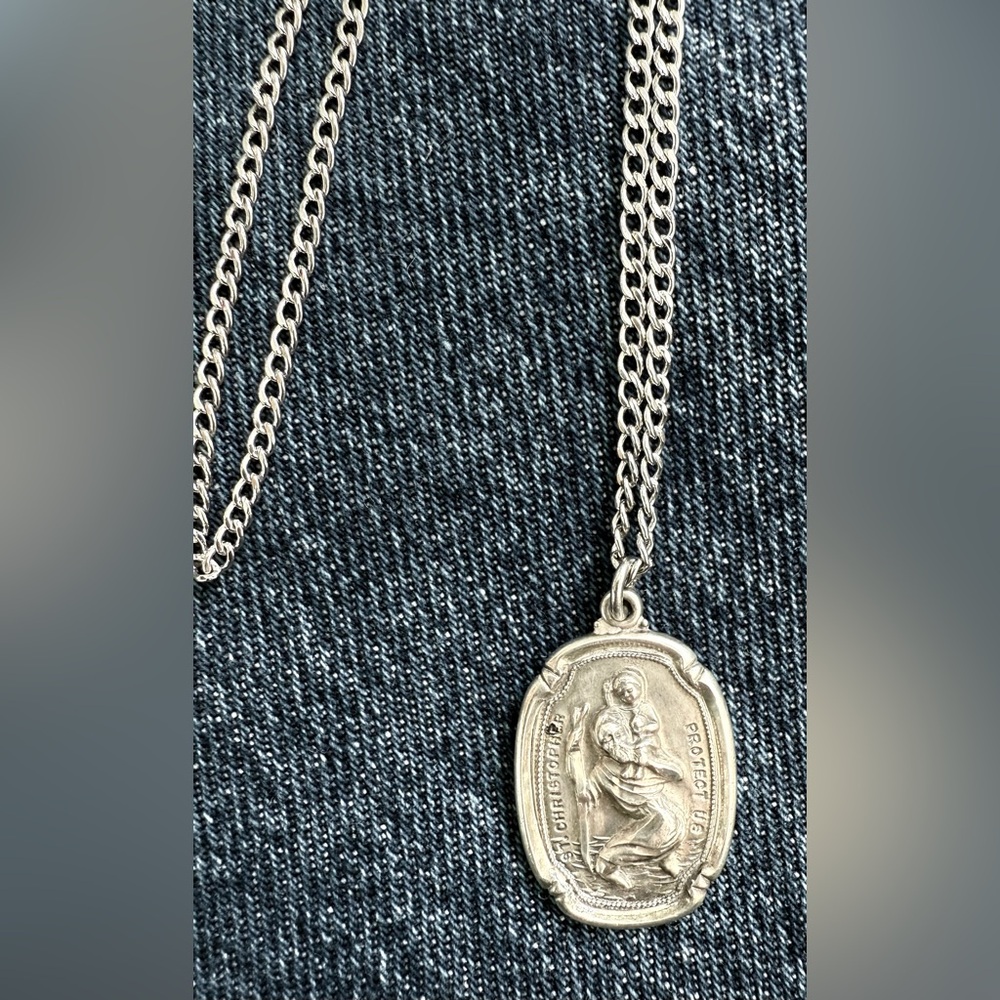 St. Christopher Necklace Sterling Silver Medal on 24" Stainless Steel Chain